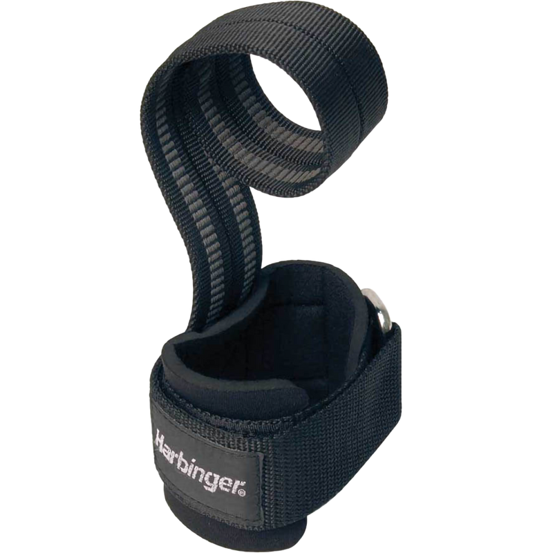 Close up of black lifting straps on a barbell