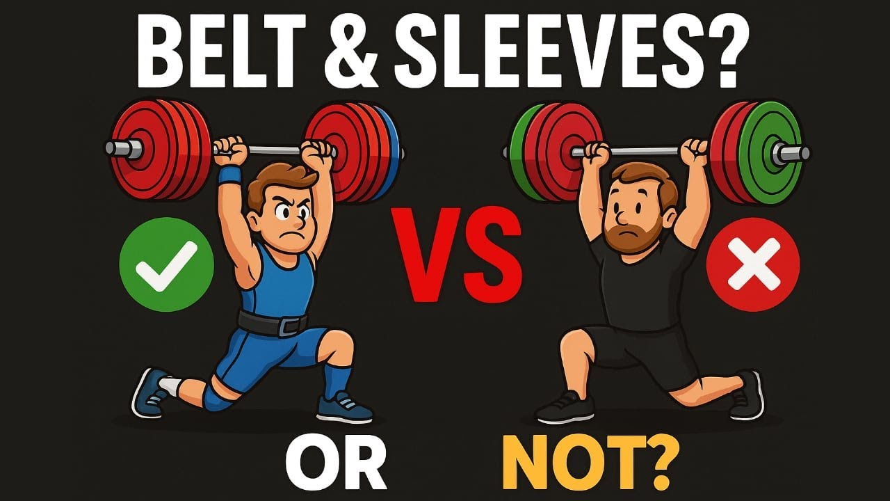 Professional weightlifter using essential accessories including belt, straps, and knee sleeves during training