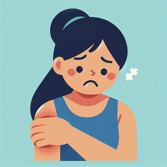 concerned female lifter holding her elbow