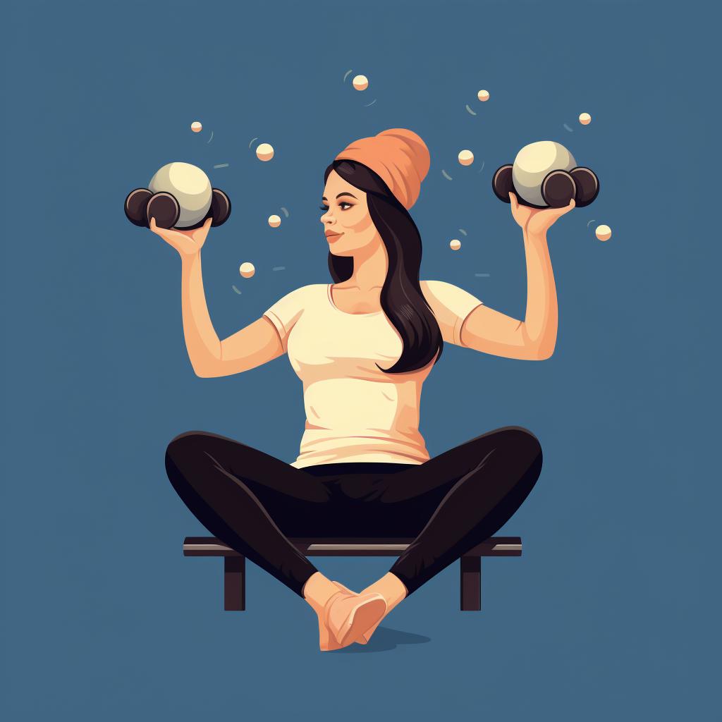 Pregnant woman doing a seated overhead press with dumbbells