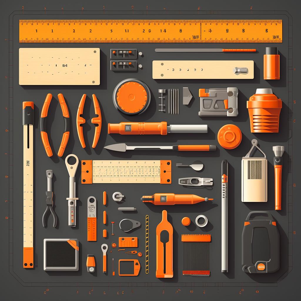 A set of tools and materials neatly arranged near the marked area.